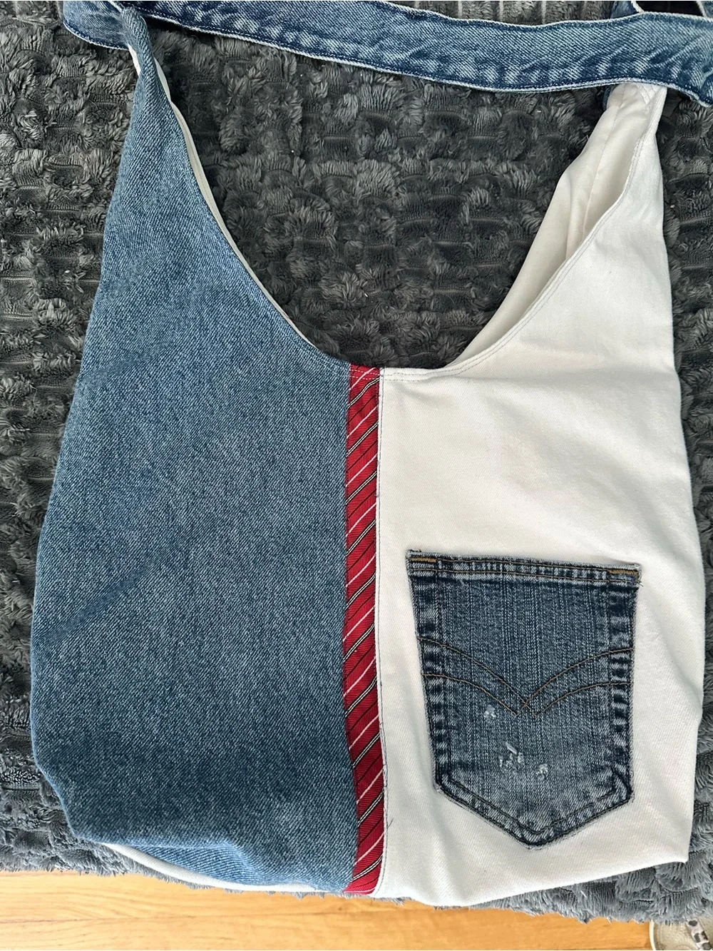 Denim & White Tote Bag with Red Stripe Accent